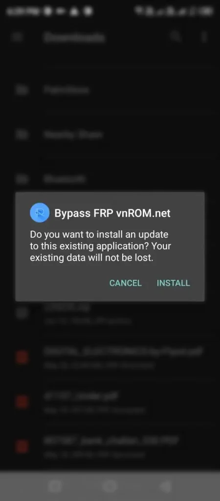 Installing Bypass FRP vnROM.net APK and opening Google Play services settings on Android.