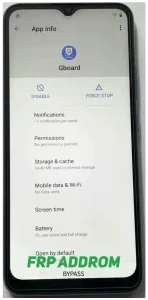 FRP unlock steps 4 to 6: Granting Gboard microphone access, searching for Settings in App Info, and opening Apps and Notifications.