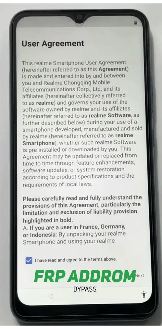 Android user agreement acceptance for permanent FRP unlock completion.