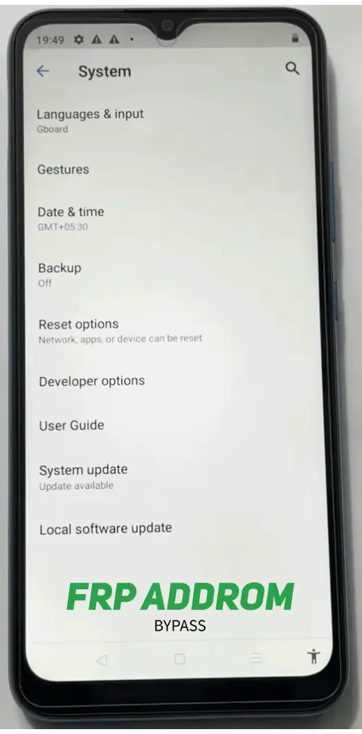 Android system reset options for FRP bypass completion.