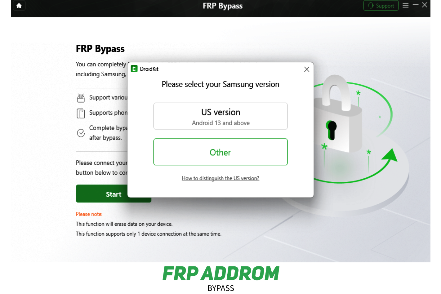 Android version selection in FRP unlock software.
